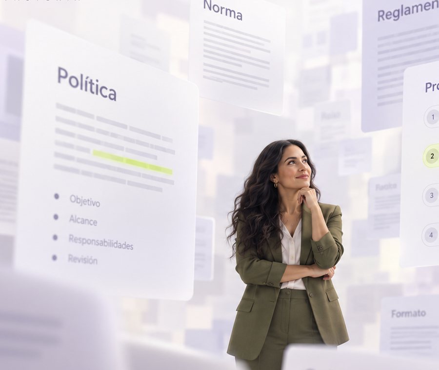 Normas, políticas, reglamentos y procesos de una empresa, apilados como documentos.